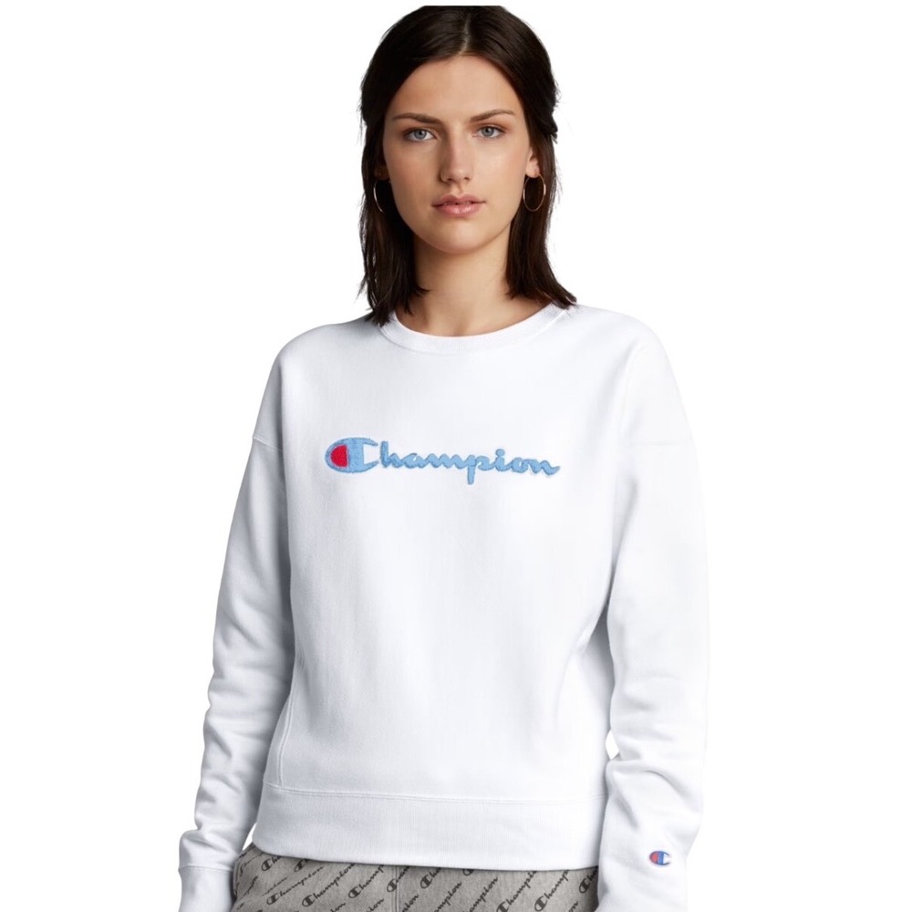 Champion‎ Reverse Weave White Chenille Logo Sweatshirt Medium Sporty Y2K Vibe